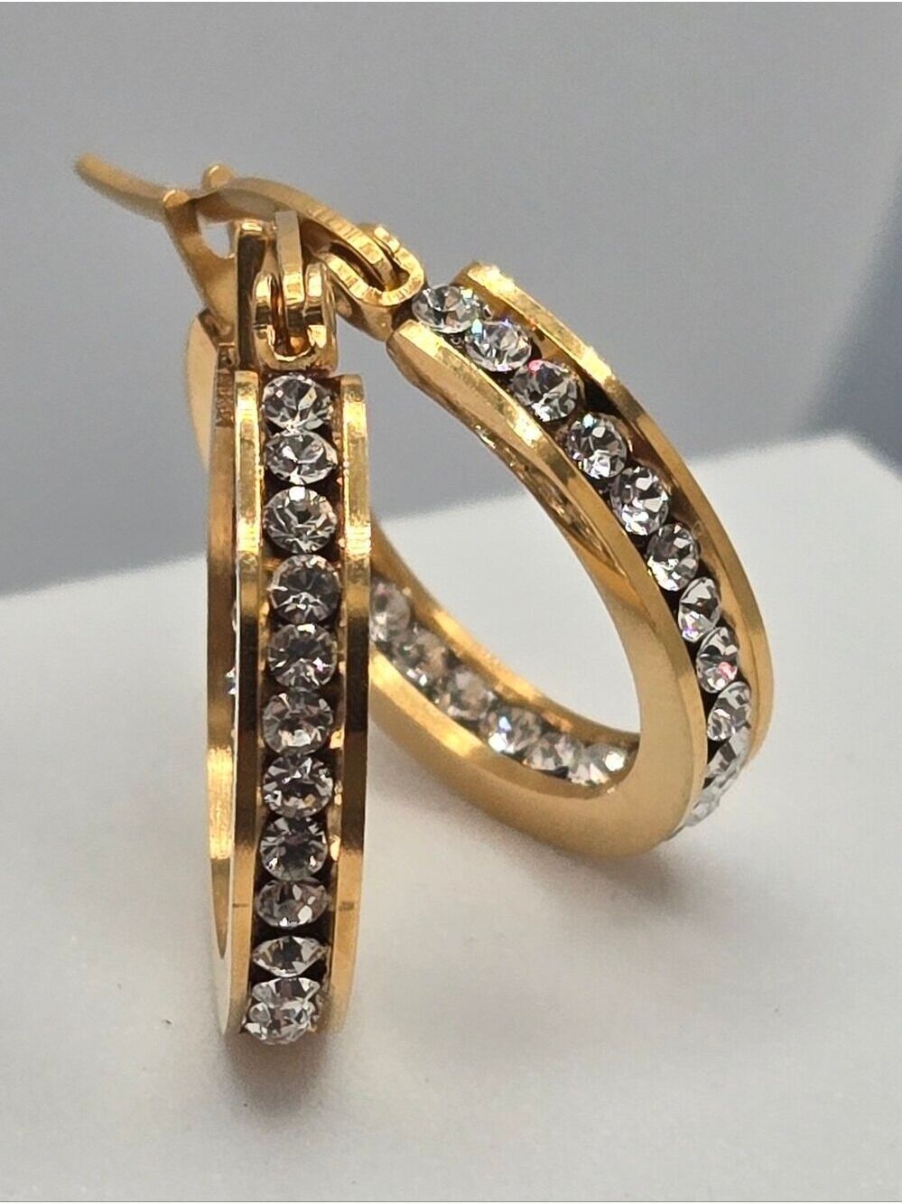 Steeltime 18K Gold Plated Stainless Steel Crystal Hoop Earrings New - Picture 12 of 15